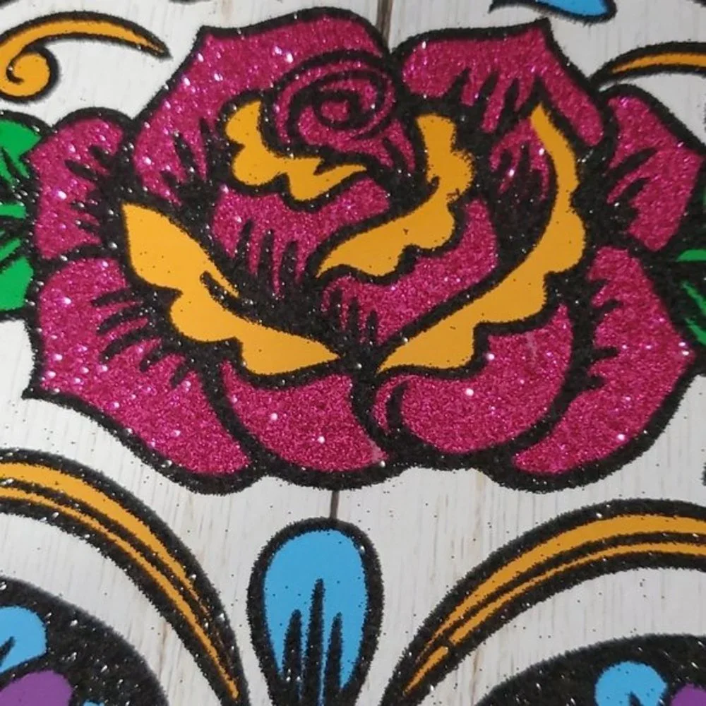 Halloween Decor Sugar Skull Sign 13.5 x 9.5 Glitter white black pink *